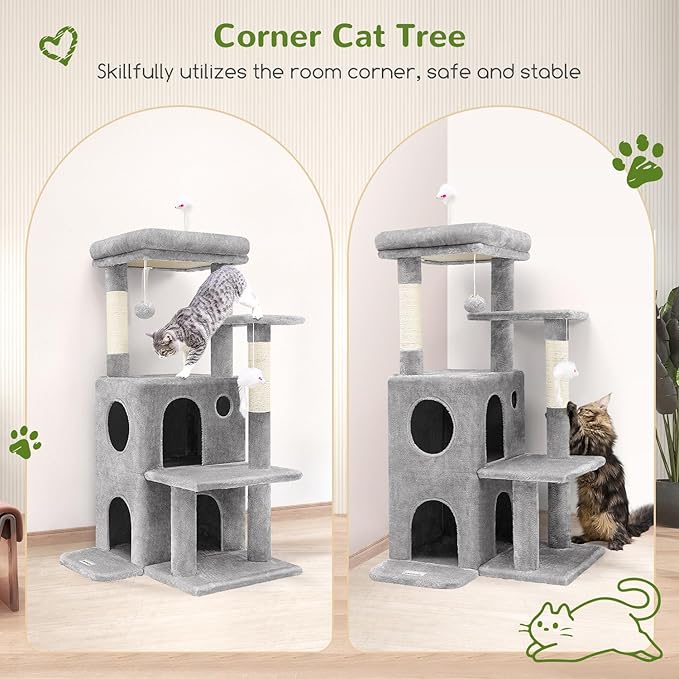 Globlazer Cat Tree Tower for Indoor Cats, 50-inch Adult Cat Tree House for Large Adult Cats with Steps, Scratching Post, 2 Cat Caves, Dangling Toys, FC50, Light Grey-Mewly Pet