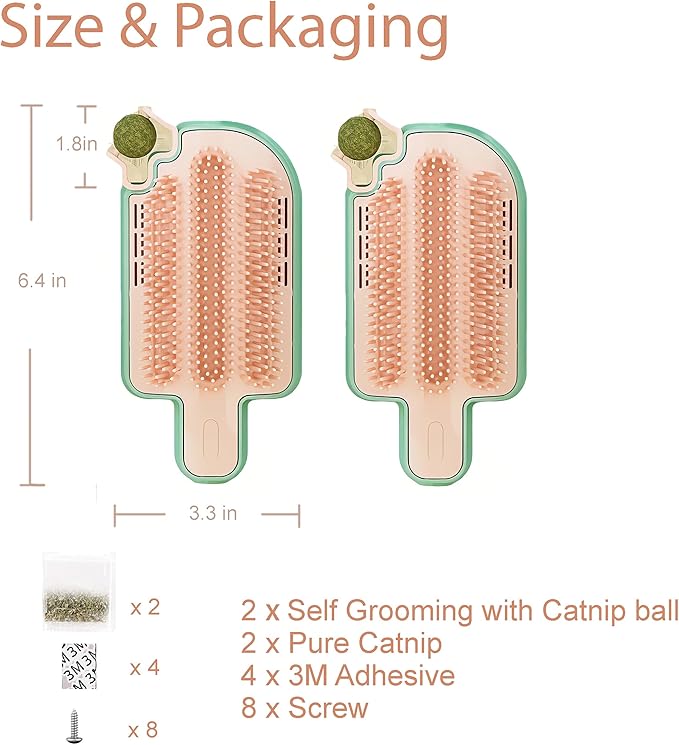 Catnip Toys for Indoor Cats 2 Pack, Stick on Wall Cat Brush with Catnip Ball Toys, 2 in 1 Massage & Self Groomer, Corner Brush-Mewly Pet