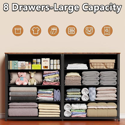 Furnulem Long Dresser for Bedroom, TV Stand for 55'' TV, Wide Storage Drawer Unit with 8 Fabric Bins, Double Dresser for Bedroom, Office, Dorm, Closet, Entryway, Wood Top (Rustic Brown)