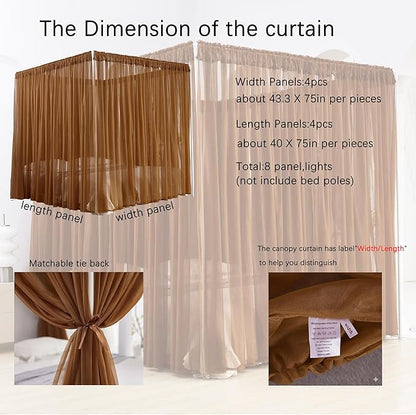 Akiky Canopy Bed Curtain with Lights Bed Drapes for Girls Adults Soft Bed Canopy Scarf for Bed Room Decoration (King, Coffee)