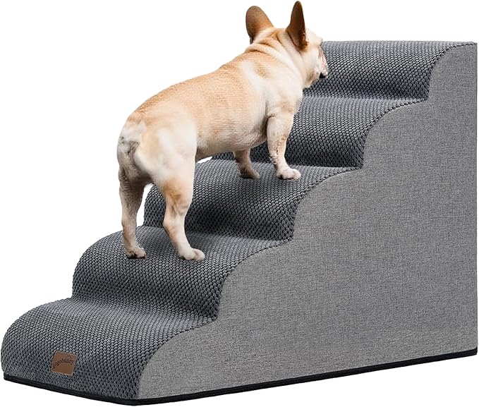 GoGoBunny Ramp Dog Stairs for High Beds 22.6" H, 5-Step Dog Slope Stairs with Durable Waterproof Fabric Cover, Pet Steps for Old Large Dogs Climbing, Non-Slip Sturdy Indoor Step, Grey-Mewly Pet