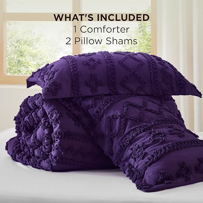 Bedsure Tufted Boho Comforter Set King Size - Purple Boho Bed Set, GentleSoft™ 3 Pieces Farmhouse Shabby Chic Embroidery Bedding, Gifts for Woman, Soft Jacquard King Comforter for All Seasons