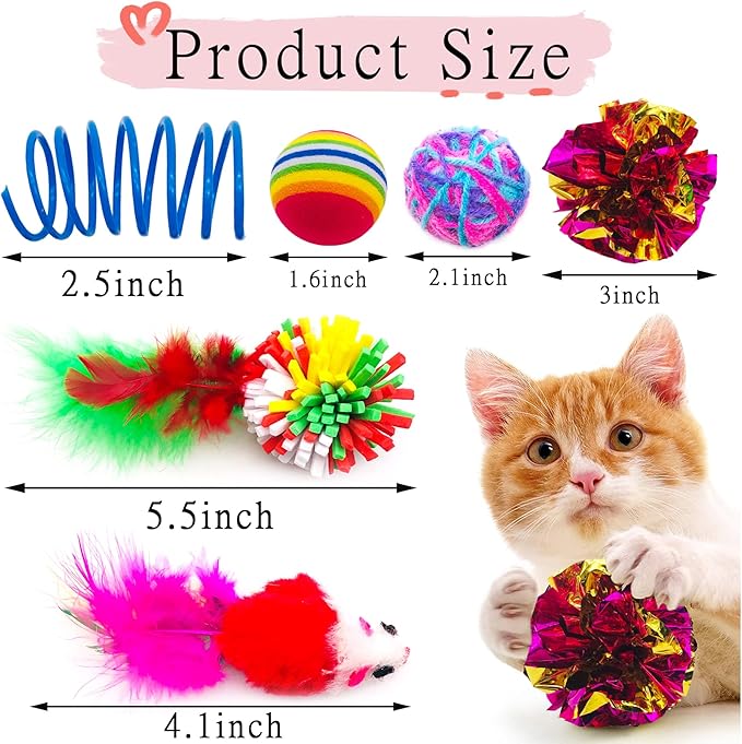 PET SHOW 20Pcs Cats Toys Interactive Kitten Ball Toys Assortments Variety Pack for Indoor Cats Mice Feather Sparkle Crinkle Ball Bells Spring-Mewly Pet