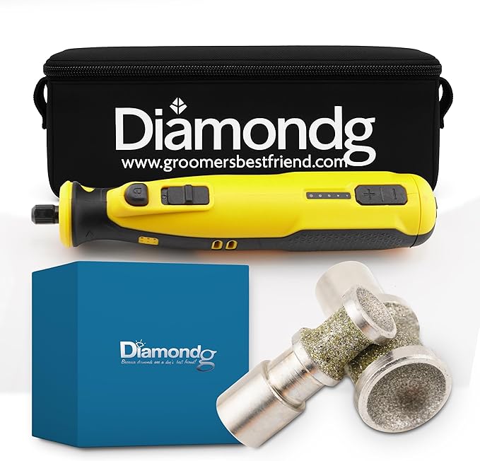 Diamondg Cordless Dog Nail Grinder with Quiet Sound & LED Tip for Large & Small Dogs, 4hrs. Runtime, 2 Bits Included, Yellow-Mewly Pet