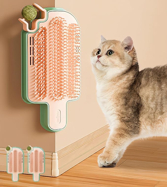 Catnip Toys for Indoor Cats 2 Pack, Stick on Wall Cat Brush with Catnip Ball Toys, 2 in 1 Massage & Self Groomer, Corner Brush-Mewly Pet