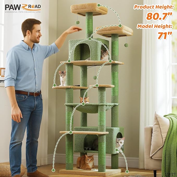 PAWZ Road Heavy Duty Cat Tree for Large Cats, 81 Inches Cactus Tall Cat Tower with 2 Perches, 2 Condos and Spacious Hammock, XL Extra Large Condo with 7 Scratching Posts for 20lb+ Adult Cats, Green-Mewly Pet