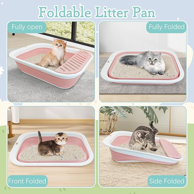 Fhiny Cat Litter Box Portable Shallow Litter Box 17.7"x13.4"x4.9" Foldable Cat Toilet with Scoop Open Kitty Potty Pan with Litter Drop Pedal Easy to Clean Travel Kitten Toilet(Pink)-Mewly Pet