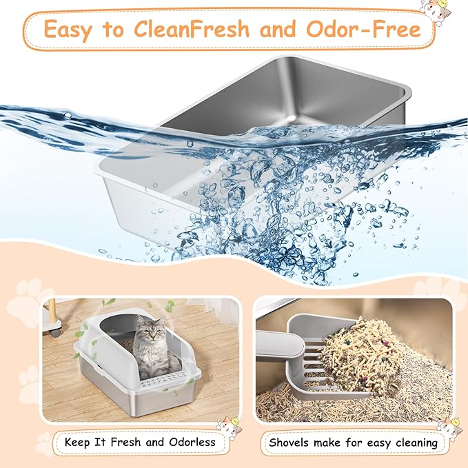 2 Pack Stainless Steel Litter Box, 24'' XL Extra Large Cat Litter Box with Lid, Metal Litter Boxes for Multiple Cats, Anti-Leakage,Non-Stick, Easy to Clean, Included Cat Litter Mat, Scoop-Mewly Pet