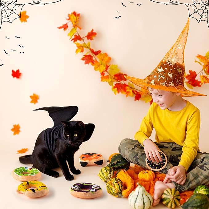 L1rabe Halloween Donut Catnip Stuffed Toys - 5 Funny Pumpkin Bat Spider Dessert Cat Toys Pet Supplies, Indoor Cats Chew Bite Teething Tools Kittens Catmint Birthday Interactive Supplies-Mewly Pet