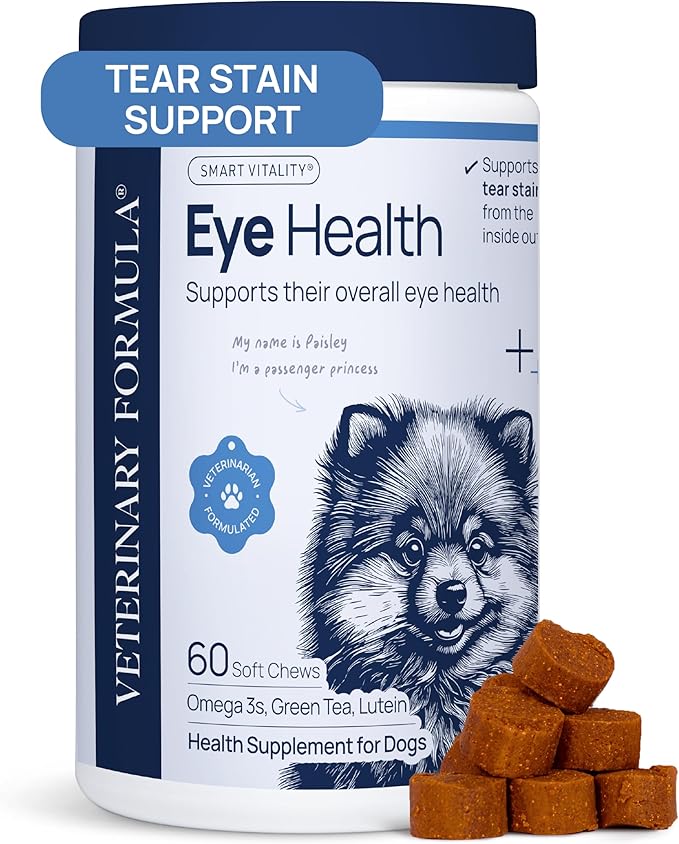 Veterinary Formula Eye Health Supplement for Dogs – Vet-Formulated Tear Stain Chews with Omega 3, Lutein & Cranberry – Smart Vitality Supports Eye Moisture, Stain Reduction & Immunity, 60 Soft Chews-Mewly Pet