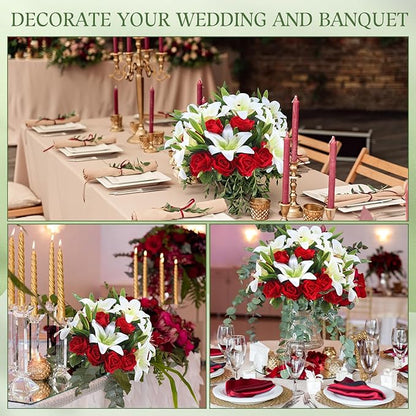 Hotop 20 Pcs Artificial Flowers Velvet Realistic Roses and Latex Lilies Flowers Bouquet Decorations Arrangements for Home Table Centerpieces Independence Day(White, Red)