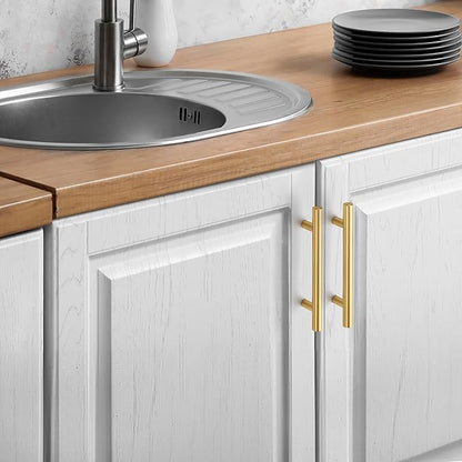JOY DECOR 5 Pack Cabinet Handles, Gold Cabinet Pulls, 4 in Hole Center Kitchen Cabinet Handles, Stainless Steel T Bar Handles for Dresser Drawers