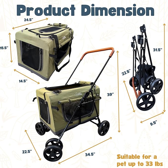 Pet Stroller Foldable Travel Crate for Small and Medium Dog and Cat, Portable Pet Travel Carrier, Pet Jogger with Detach Carrier-Mewly Pet