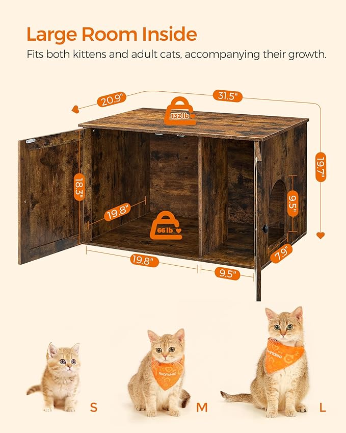 Feandrea Cat Litter Box Enclosure, Litter Box Furniture Hidden with Removable Divider, Indoor Cat House, End Table, 31.5 x 20.9 x 19.7 Inches, Rustic Brown UPCL002X01-Mewly Pet