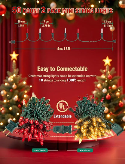 Hopolon Christmas Lights Indoor Outdoor, 2 Pack 13 FT 50 Count Incandescent Mini String Light, Green Wire Christmas Tree Lights Waterproof for Holiday Wedding Valentine's Day Decor, Red and Clear