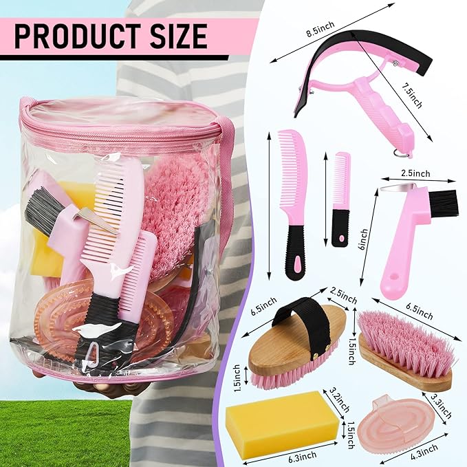9 Pieces Horse Grooming Kit Tack Room Supplies Set with Organizer Tote Bag, Oval Massage Curry, Hard and Soft Brush, Hoof Pick, Sweat Scraper, Bathing Sponge, Combs for Horse Riders Beginners (Pink)-Mewly Pet