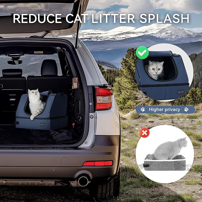 PETSFIT Travel Litter Box for Cats - Removable 2-Layer Leak-Proof Lining, Scratch-Resistant Fabric with Sturdy Support Frame, Cat Collapsible & Travel Litter Box Navy Blue-Mewly Pet