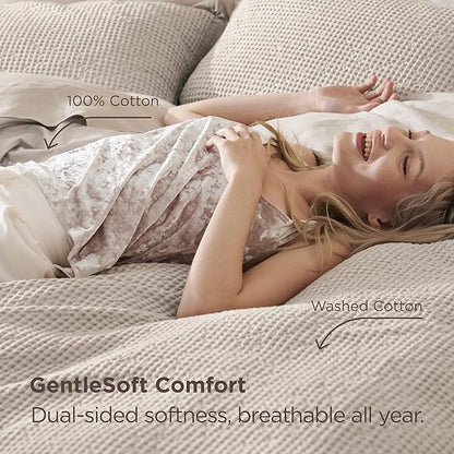 Bedsure 100% Cotton Duvet Cover Queen Size with Fitted Sheet - 4 Pieces Linen Color Waffle Weave Bedding Set, GentleSoft™ and Breathable, Includes 1 Duvet Cover 90x90, 1 Fitted Sheet, 2 Pillow Shams