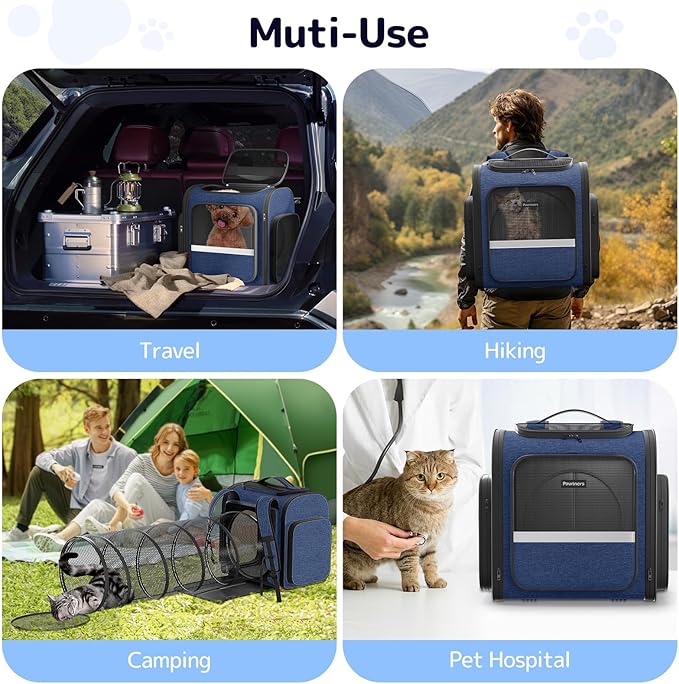 Pawtners Cat Carrier Backpacks Expandable Pet Backpack with Breathable Mesh, Pet Carrier Backpack for Cats Small Dogs Puppies Up to 18 Lbs, Dog Carrier Backpack for Travel Hiking Camping Outdoor Blue-Mewly Pet