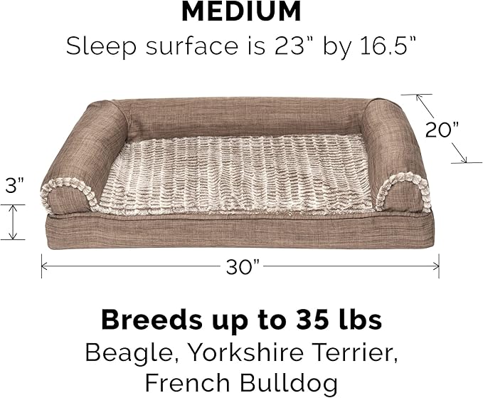 Furhaven Cooling Gel Dog Bed for Medium/Small Dogs w/ Removable Bolsters & Washable Cover, For Dogs Up to 35 lbs - Luxe Faux Fur & Performance Linen Sofa - Woodsmoke, Medium-Mewly Pet
