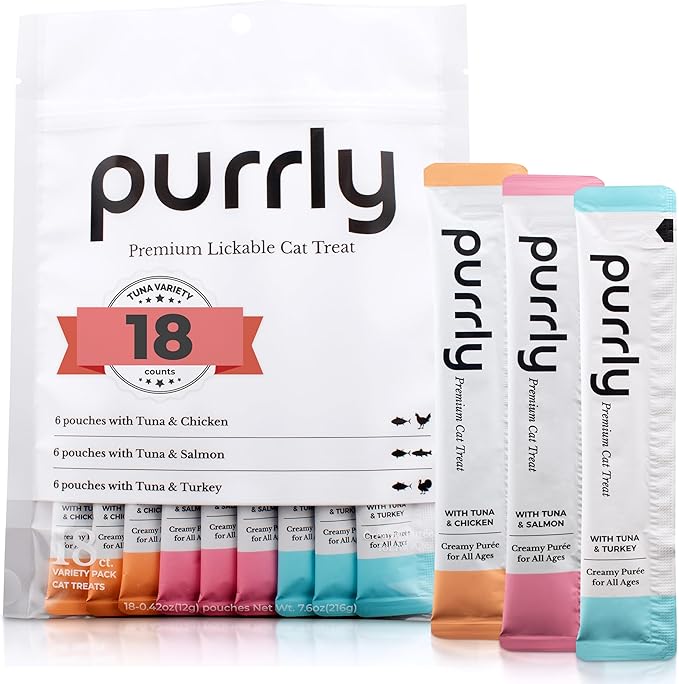 Purrly Cat Treat Snack Wet Lickable Low Calorie Healthy Grain-Free Tuna Variety Packs (18 Count) Squeezable Creamy Purée with Human-Grade Proteins and Functional Nutrients No-Artificial-Additives-Mewly Pet