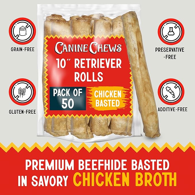Canine Chews 10" Chicken Basted Dog Rawhide Retriever Rolls (50 Pack) - Natural Beef Dog Rawhide Chews - Healthy Dental Chews-Mewly Pet