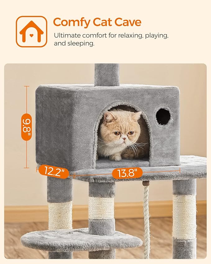 FEANDREA Cat Tree, Cat Tower for Indoor Cats, 56.3-Inch Cat Condo with Scratching Posts, Hammock, Plush Perch, Light Gray UPCT15W-Mewly Pet