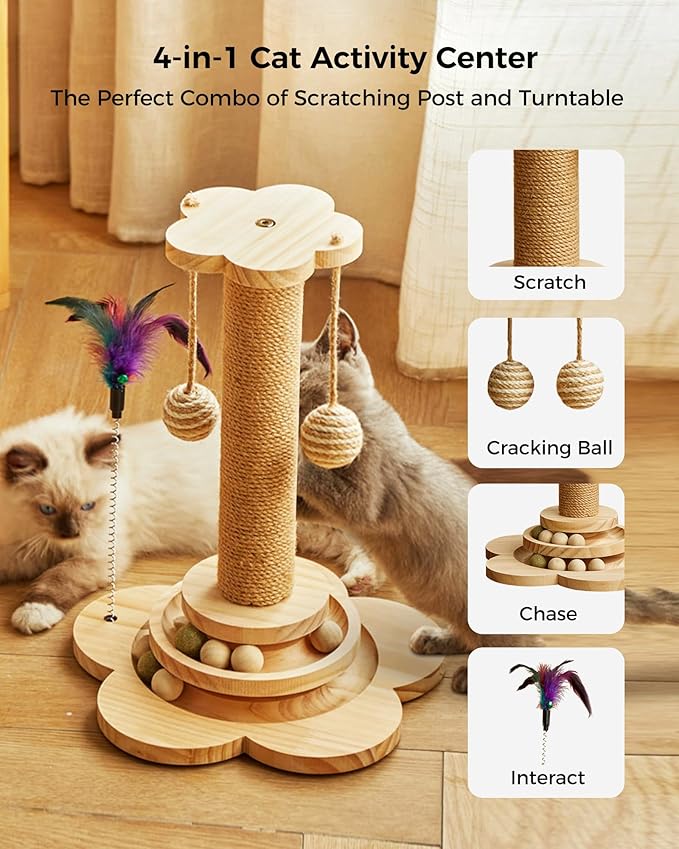 Cat Scratching Post, 4 in 1 Wooden Cat Scratcher Toy, 17.7" Tall Scratch Post with 2 Level Cat Track Balls, Interactive Feather Toy and 2 Sisal Hanging Balls for Indoor Kittens, Adult Cats-Mewly Pet