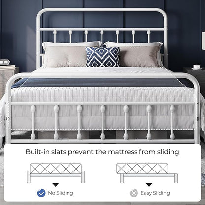 Yaheetech Classic Metal Platform Bed Frame Mattress Foundation with Victorian Style Iron-Art Headboard/Footboard/Under Bed Storage/No Box Spring Needed/Queen Size White
