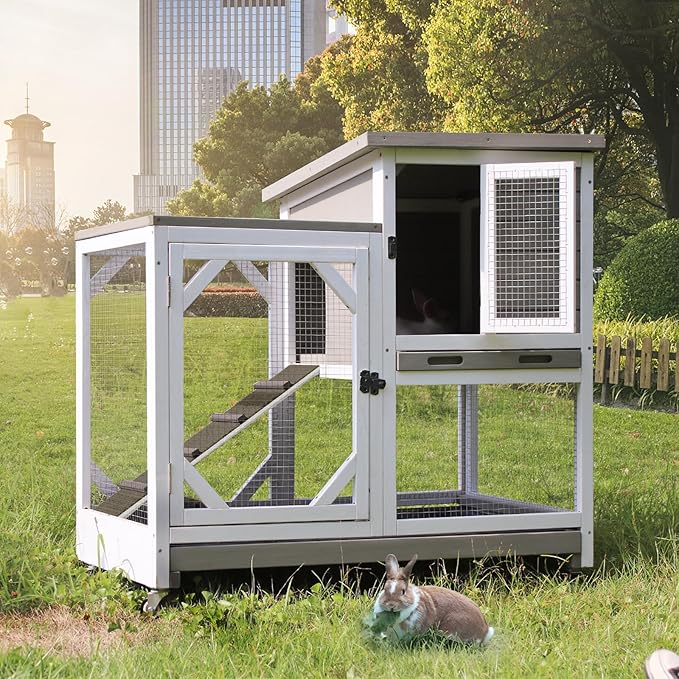 GUTINNEEN 2-Story Rabbit Hutch with Chew-Proof Ramp & Pull-Out Trays - Indoor/Outdoor 39.3" Wooden Rabbit Cage on Wheels for Rabbits, Guinea Pigs (Light Brown)-Mewly Pet