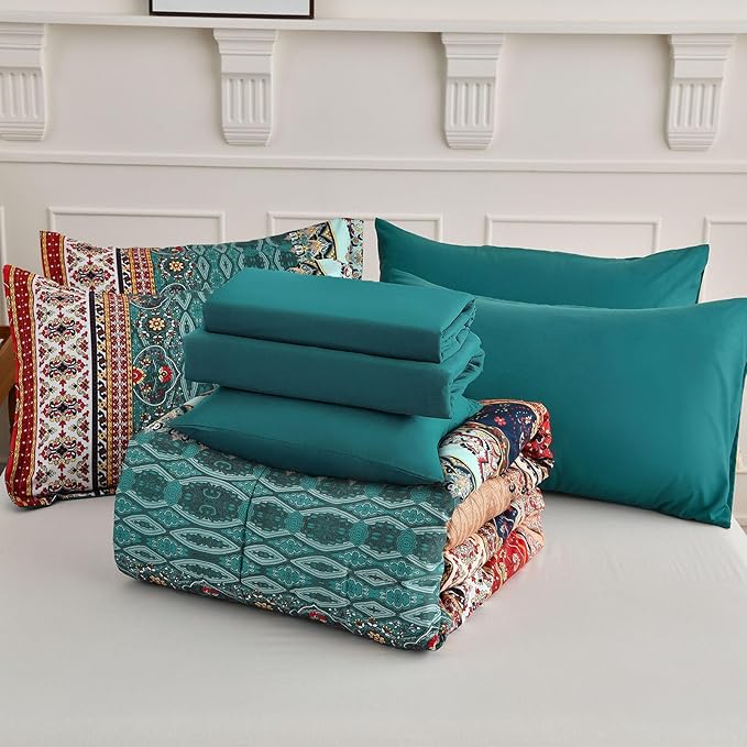 Cottolester Boho Queen Size Comforter Set 8 Pieces,Green and Brown Bohemian Striped Bed in a Bag,Floral Soft Microfiber Bedding Comforter Set