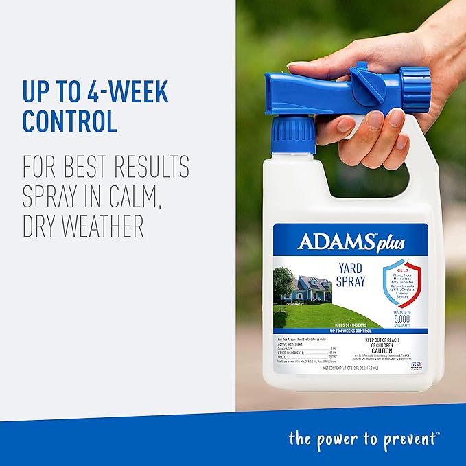 Adams Plus Yard Spray ; Kills Mosquitoes, Fleas, Ticks, Ants, And Many Other Listed Nuisance Pests in Outdoor Areas ; Treats Up to 5,000 Square Feet ; Easy To Use Hose-End Spray ; 32 Fl Oz-Mewly Pet