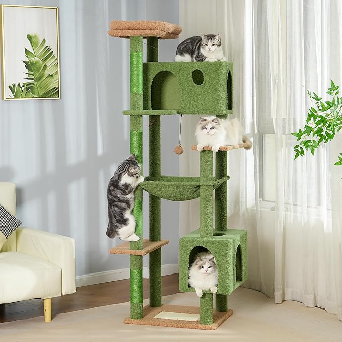 72” Cat Tree for Large Cats Big Cat Tower with Enlarged Hammock 21.6x17.7” Spacious Cats Condo House and Roomy Top Bed and Multiple Scratch Posts for Indoor Adult Cats (Green, XLarge-72)-Mewly Pet