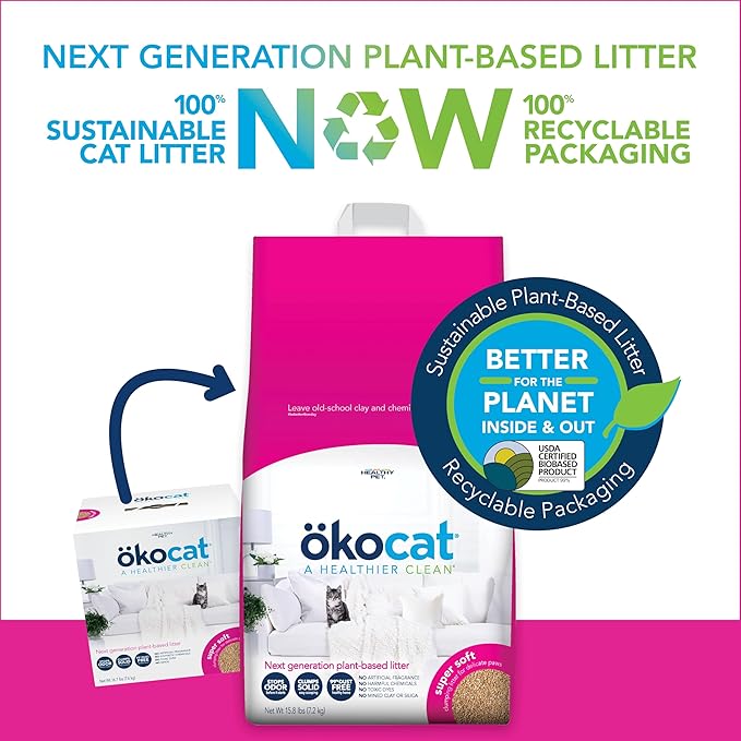 ökocat Super Soft Wood Clumping Cat Litter, Unscented, 15.8 pounds - Natural Ingredients, Stops Odor, Clumps Solid, 99% Dust Free, Great for All Cats, Sensitive Paws, Kittens-Mewly Pet