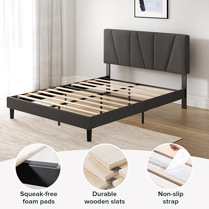 ZINUS Full Maya Upholstered Bed Frame with Asymmetric Headboard, Durable Wooden Slats, Sturdy Framework, Noise Free Sleep, No Box Spring Needed, Easy Assembly, Eco Friendly Packaging, Dark Grey