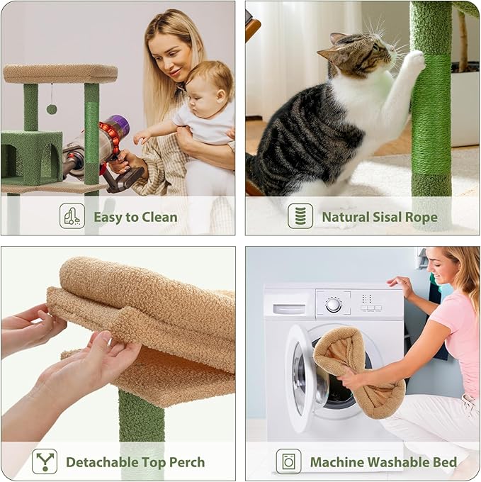PETEPELA 56.3'' Tall Cat Tree for Indoor Cats, Cactus Cat Tower with Super Large Hammock (20''X16''), Sisal Covered Scratching Posts, Cozy Condo and Top Perch Green-Mewly Pet