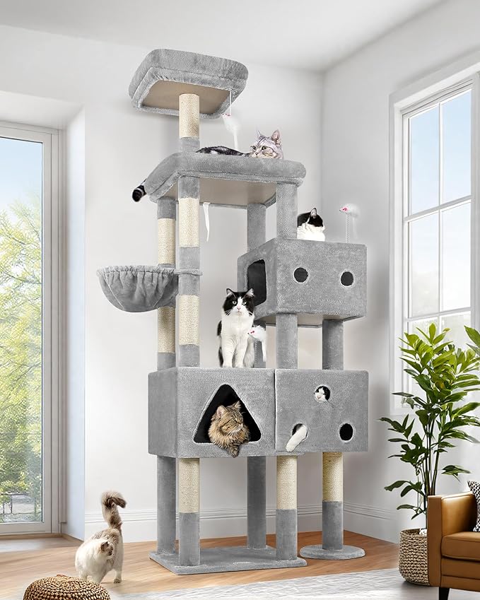 Globlazer Extra Large Cat Tower, 81-inch Tall Cat Tree for Big Cats 20 lbs, XXL Heavy Duty Cat Scratching Tower for Indoor Adult Cats with 3 Cat Condos, 8 Scratching Posts, F81, Light Grey-Mewly Pet