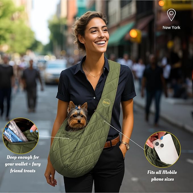 Small Dog Carrier Sling – Olive Green Hands‑Free 2‑in‑1 Sling & Handheld Carrier for Dogs up to 10 lbs, Parachute‑Grade Rip‑Stop Nylon, 4″ Padded Strap, Safety Tether & Pockets-Mewly Pet