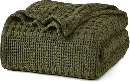 PHF 100% Cotton Waffle Weave Blanket Twin Size for Bed, Soft Lightweight & Breathable, All-Season Comfort, Luxury Aesthetic Woven Bedding for Home Decor, 66"x90", Capulet Olive