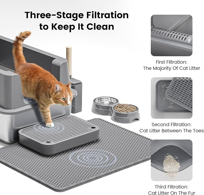 Stainless Steel Cat Litter Box - Enclosed XL Metal Kitty Litter Box with Lid for Big Cats, High Sided, Anti-Leakage, Easy Cleaning, Non-Sticky, Included Litter Mat, Cat Bowl & Spoon-Mewly Pet