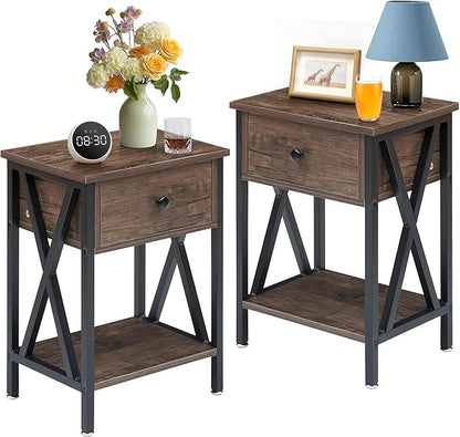 VECELO Nightstands Set of 2, Modern Bedside End Tables, Night Stands with Drawer and Storage Shelf for Living Room Bedroom, Industrial Metal Frame