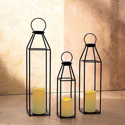 Perfnique Set of 3 Black Metal Lanterns w/ Waterproof Flickering Flameless Candle & Remote Timer, Modern Farmhouse Lanterns Decorative for Outdoor, Front Porch, Indoor, Patio, Garden, Fireplace