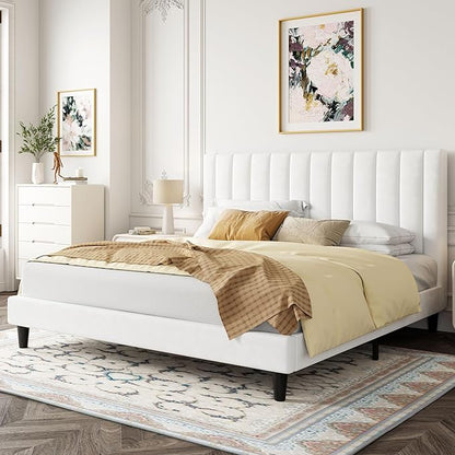 Allewie King Bed Frame/Velvet Upholstered Bed Frame with Vertical Channel Tufted Headboard/Strong Wooden Slats/Platform Bed Frame/Mattress Foundation/Box Spring Optional/Easy Assembly/White