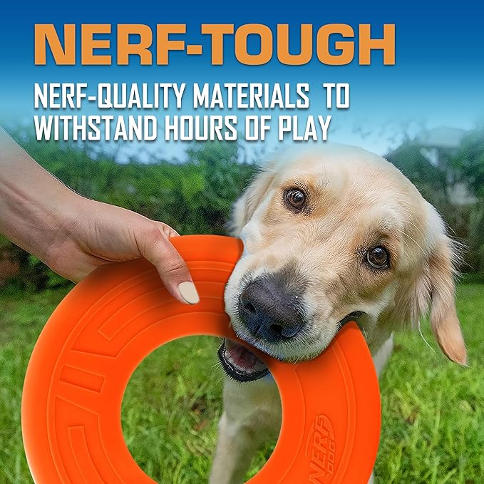 Nerf Dog Atomic Flyer Outdoor Dog Toy, 10 Inch Flying Disc Dog Fetch Toy, Rubber Dog Toy for Medium Dogs and Large Dogs, Orange-Mewly Pet
