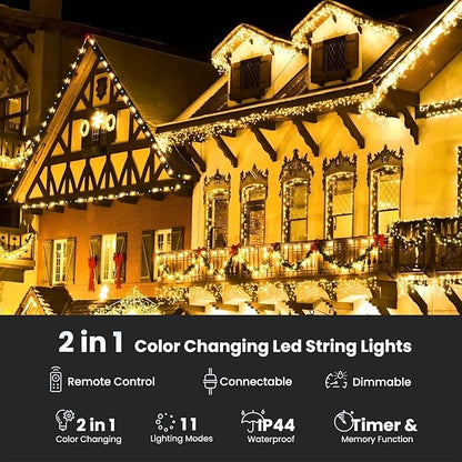 Toodour Christmas Icicle Lights Outdoor, 2 in 1 Warm White & Multicolor Color Changing Icicle Lights with 60 Drops, 29.5ft 360 LED Christmas Light Fairy Twinkle Light for Wedding Home Xmas Decor