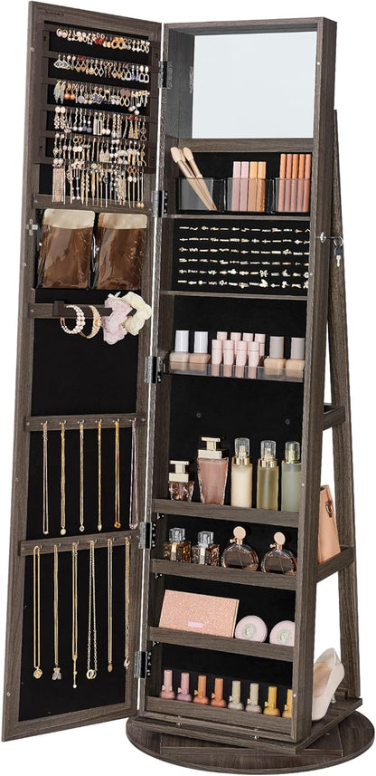 SONGMICS 360° Swivel Jewelry Cabinet, Lockable Jewelry Organizer with Full-Length Mirror, Rear Storage Shelves, Interior Mirror, Jewelry Armoire, Christmas Gifts for Women, Ash Brown UJJC006K02