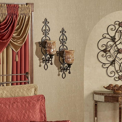 Touch of Class Leyanna Mosaic Wall Sconce Pair - Aged Brown, Victorian Style, Made of Metal, Glass - Antique Sconces, Medallion Designs - Set of 2, Ornate Candle Holder