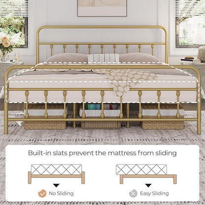 Yaheetech Classic Metal Platform Bed Frame Mattress Foundation with Victorian Style Iron-Art Headboard/Footboard/Under Bed Storage/No Box Spring Needed/King Size Antique Gold