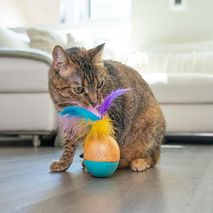 Catstages Whack N' Wobble Ball Intearctive Cat Toy, Weighted Ball with Feathers, Bell, Glitter Fabric & Catnip Oil, Turquoise-Mewly Pet