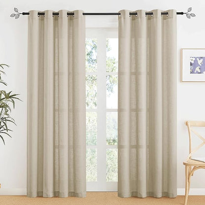 RYB HOME Curtains 84 inches Length Grommet Semi Transparent Linen Sheer Curtains Farmhouse Curtain Panels for Bedroom Home Office Living Room Dining, 52 x 84 Each, 2 Pcs, Beige